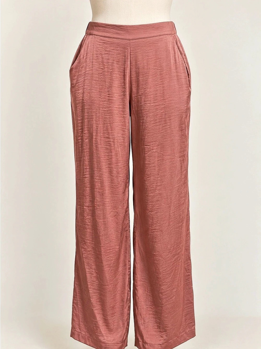 H&M Divided Women’s 10 Dusty Rose Satin Wide Leg Pull On Pants Pockets